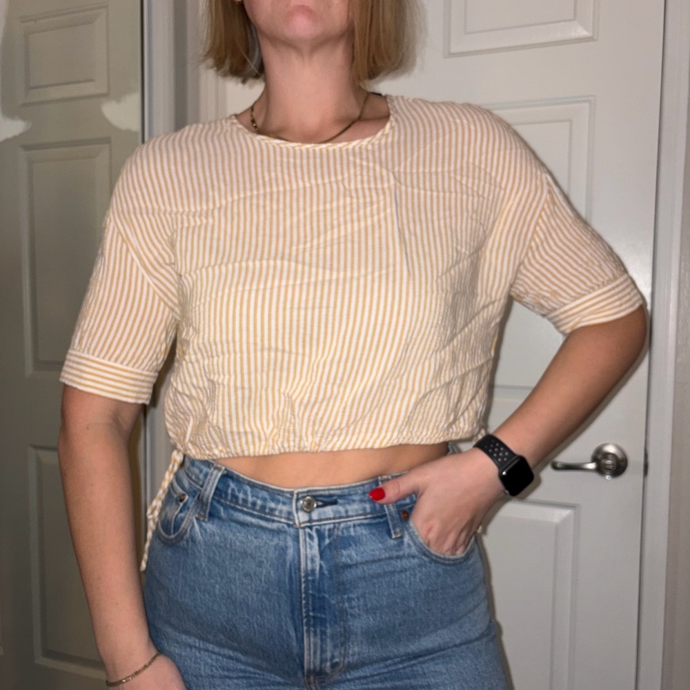 Zara Light yellow/ white Striped Crop Top